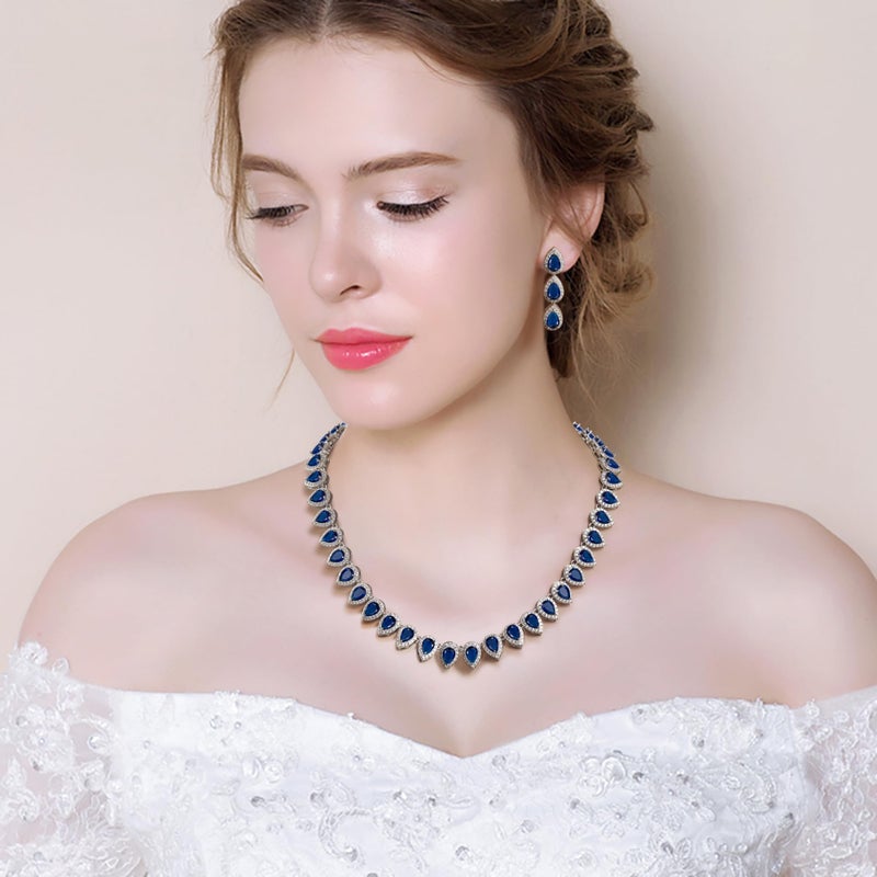 EleQueen Women's Wedding Bridal Full Prong Cubic Zirconia Teardrop Necklace Earrings Set for Brides Bridesmaids Sapphire Color - Image 4